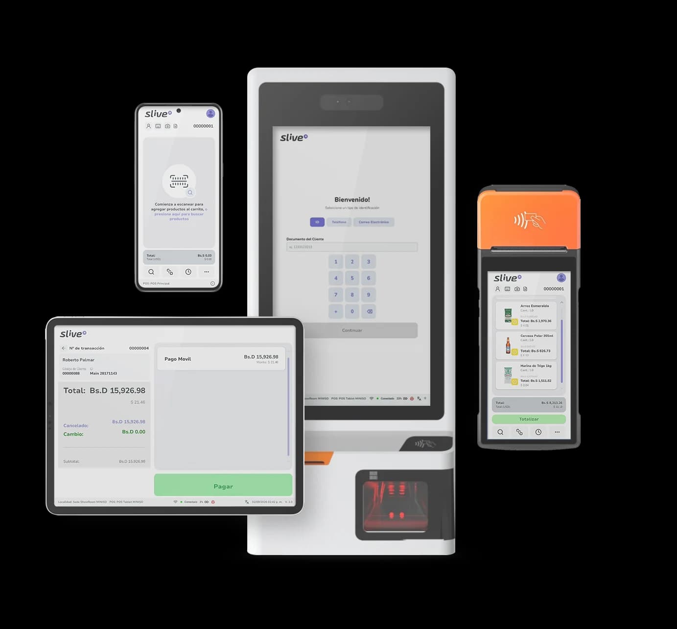 Slive POS corriendo en caja, tablet, terminal móvil y kiosko de autoservicio